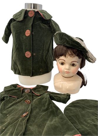 Antique Pine Silk Velveteen Toddler & Doll Coat with Beret Set