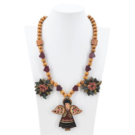 Vintage Artisan Made Hand Painted Wooden Angel Beaded Necklace