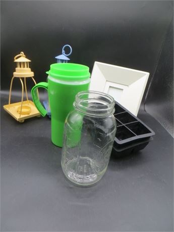 Misc. Candle Holders, White Frame, Mug, Ice Cube Trays & Ball Jar