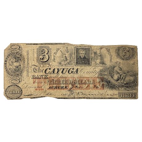 1852 Cayuga County Bank NY $3 State Bank Note