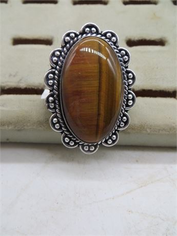 New Tiger Eye German Silver Ring Large Stone Size 7