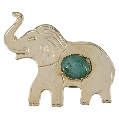Vintage Gold Tone Jade Cabochon Elephant Brooch