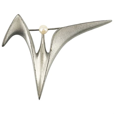 Vintage The Handcrafter Pewter & Freshwater Pearl Modernist Brooch