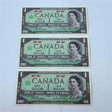 3 UNC 1967 Canada $1 Notes