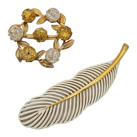 Vintage Brooches, Incl. Monet Feather & Unmarked Crackle Glass Balls