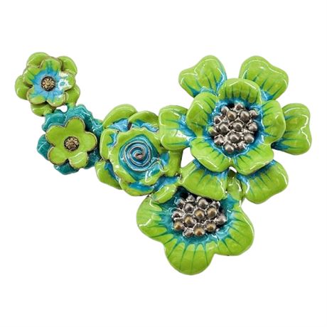 Vintage Green/Teal Enamel Floral Cluster Brooch