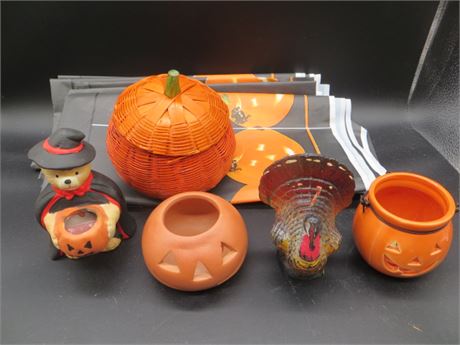 Halloween Pumpkins, Plastic Table Lines & Turkey Candle