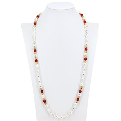 Vintage Faux Pearl, Red Glass, & Gold Tone Beaded Necklace