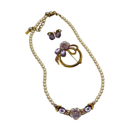 1928 Faux Pearl Necklace, Brooch & Earrings