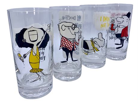 4 Mid Century Adult Cartoon Cocktail Bar Highball Glasses