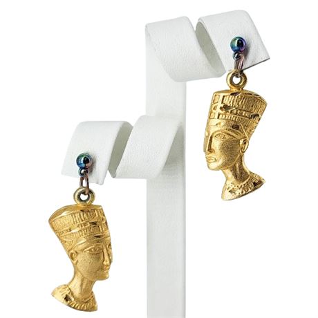 Vintage Egyptian Revival Gold Tone Nefertiti Earrings