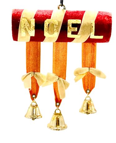 Vtg Velvet Red & Gold NOEL 3 Bell Hanging Decor