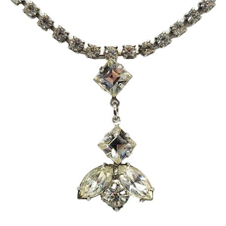Vintage Prong Set Clear Rhinestone Center Drop Necklace
