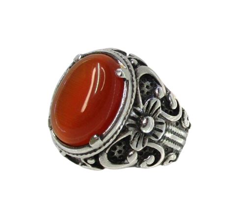 925 Repousse Sterling Silver Orange Red Agate Stone Ring Sz  7.25