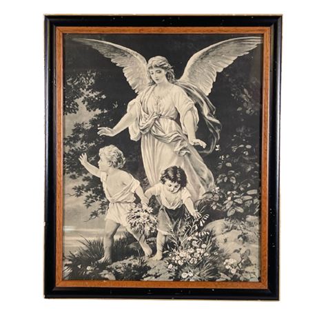 Antique Bernhard Plockhorst "Guardian Angel" Art Print