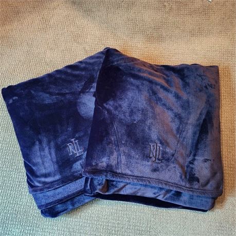 Pair Lauren Ralph Lauren Plush Navy Blue Twin Blankets
