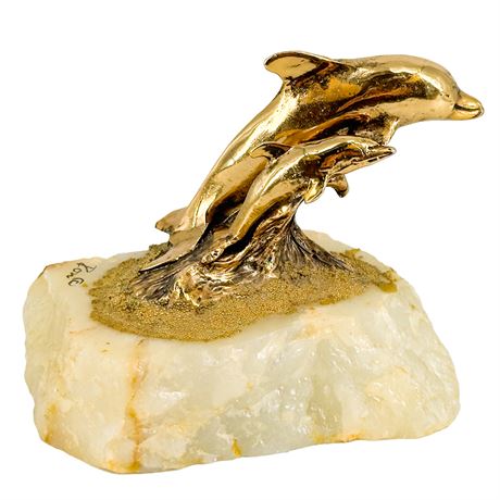 Vintage Ron Lee Signed Brass Dolphin Sculpture on Quartz Base