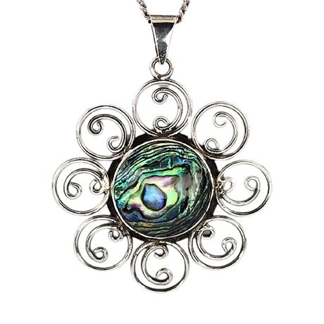 Signed Taxco Sterling Silver Abalone Sunburst Necklace