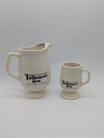 Vtg. Tullamore Dew Irish Whiskey Pitcher pottery + Mug