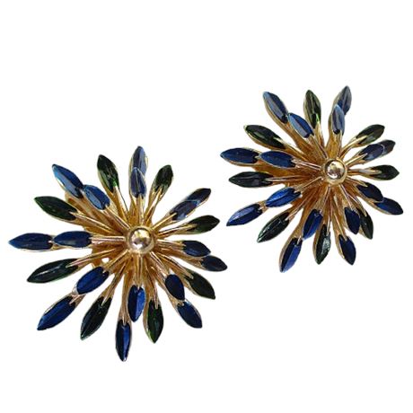 Crown TRIFARI Peacock Blue Enamel Starburst Clip earrings
