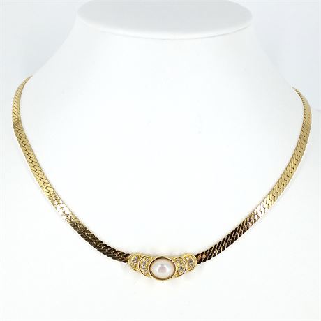 Christian Dior Gold-Tone Herringbone Necklace, Faux Pearl and Rhinestone Center