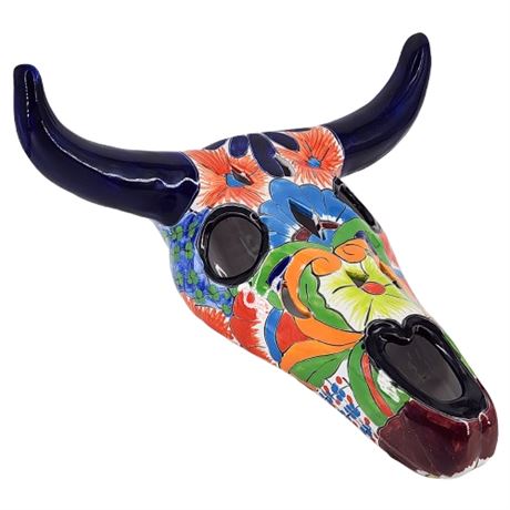Large Mexican Talavera Pottery Colorful Terra Cotta Cow Skull Sculpture