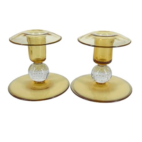 Vintage Set of Pairpoint Glass Amber Auroria Candleholders