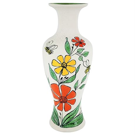 Mid-Century Hand Painted Flowers & Bees Ceramic Lava Texture Vase