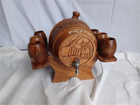 Small carved Brew set 6 cup Philippines about 13 and 1/2 in tall 12 in deep