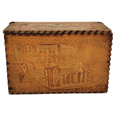 Antique Hinged Embossed Wood Post Cards Box