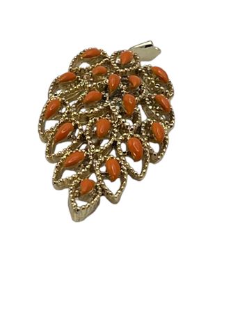Orange enamel, stone leaf brooch