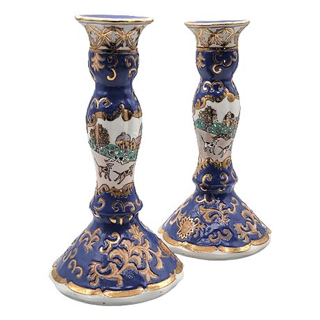 Hand Painted Porcelain Chinoiserie Equestrian Candlesticks