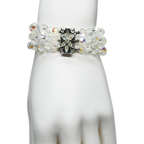Vintage 3-Strand Faceted Aurora Borealis Crystal Bracelet
