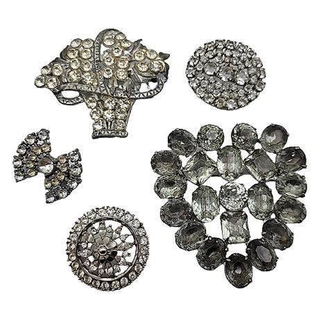Antique Clear Rhinestone/Crystal Brooches, Lot of 5