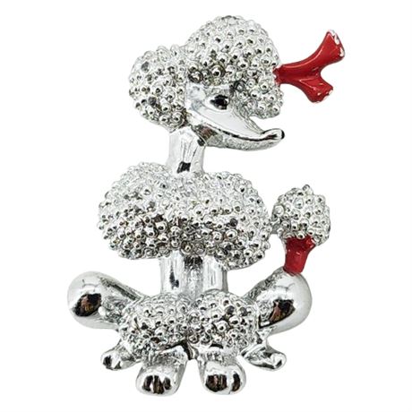 Vintage Silver Tone Poodle Brooch w/ Enamel Bow