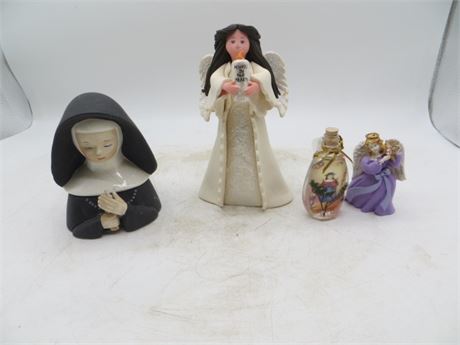 Vintage Napco Nun Trinket or Rosary Box & 3 Angels
