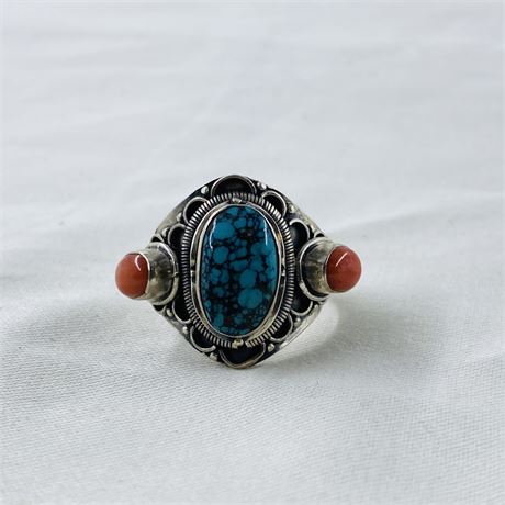 14.2g Sterling Coral + Turquoise Ring Size 10.25