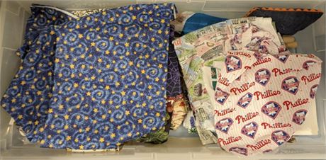 Lot of cloth Phillies, etc. w/ Thin Storage container blue lid