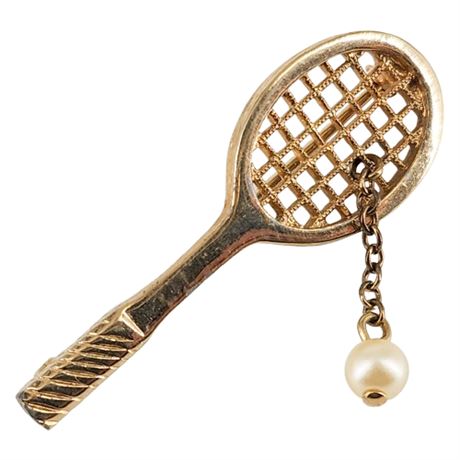 Vintage AVON Tennis Racket Brooch e/ Faux Pearl "Ball"