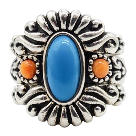 RELIOS by Carolyn Pollack Sterling Silver Turquoise & Coral Stacker Ring, Sz 6