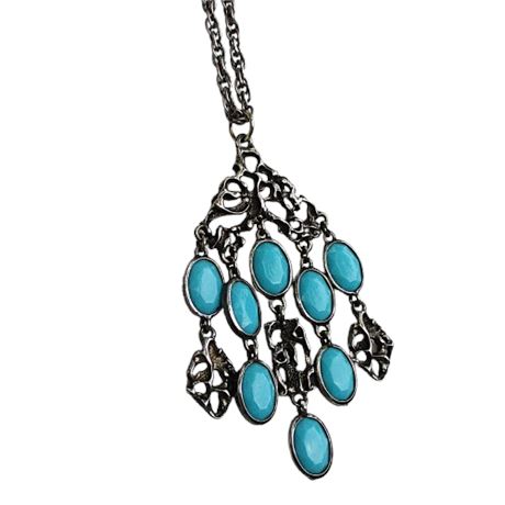 Vintage 1970's BOHO Pewter Tone Drop Necklace with Faux Turquoise