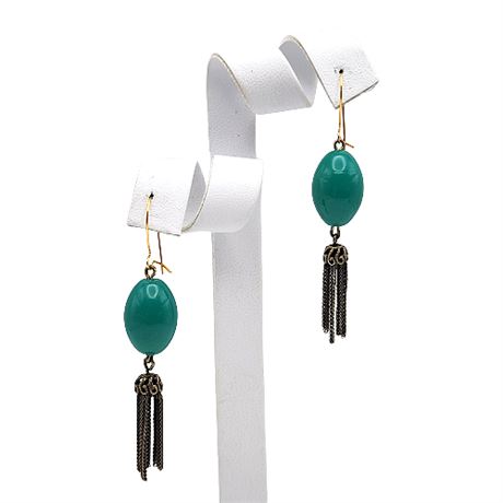 Green Bead & Tassel Drop Pierced Earrings