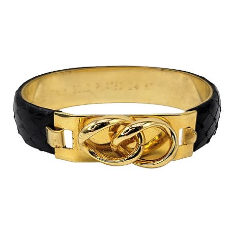 Italian Snakeskin Leather 24K Gold Plated Hinged Cuff Bracelet