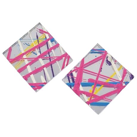 Vintage 80s Mirrored Acrylic Spatter Painted Earrings