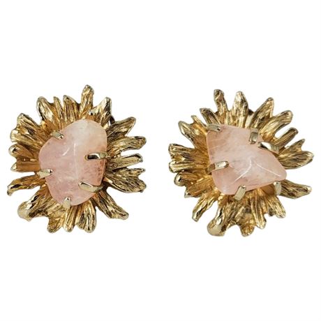 Vintage Rose Quartz Gold Tone Burst Clip Earrings
