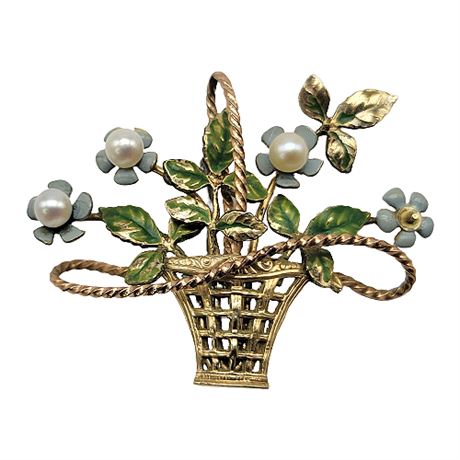 Vintage Krementz Enamel Pearl Flower Basket Brooch