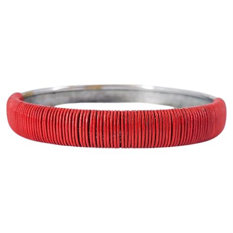 Vintage Red Wire Wrapped Silver Tone Oval Bangle Bracelet