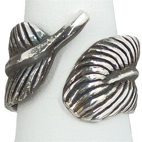 Sterling Silver 925 Modern Ribbed Feather Wrap Bypass Ring