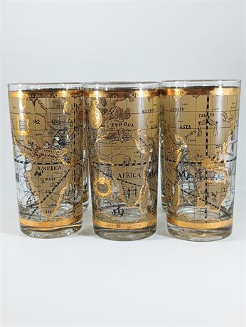 Set of 6 MCM Glasses with Cera Old World Map and 22K Gold Details