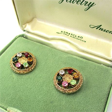 VTG ANSON Multi-Color Rhinestone Screw Back Earrings in Original Box